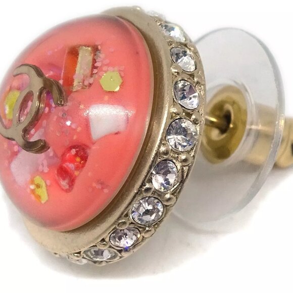 Chanel Button Piercing Earrings Rhinestone Pink - Picture 5 of 8